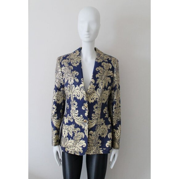 Moschino Jeans 90s Vintage Metallic Notch Collar Blazer Blue Gold Size 10 - Picture 1 of 12